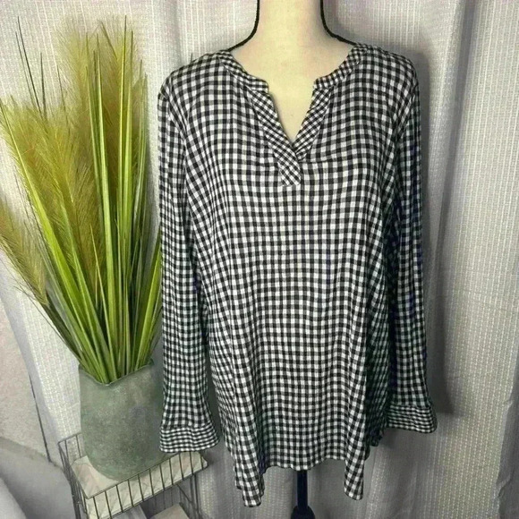 Talbots Women’s XL Black/White Gingham Check V Neck Long Sleeve Tunic Top - Picture 1 of 10